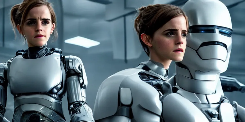 Prompt: emma watson starring in the new robocop movie as robocop, highly detailed movie poster in the cinematic style, created by netflix, perfect studio light, unsimulated real emotions, writed and directed by tarantino, top 1 0 highest rated movies on imdb