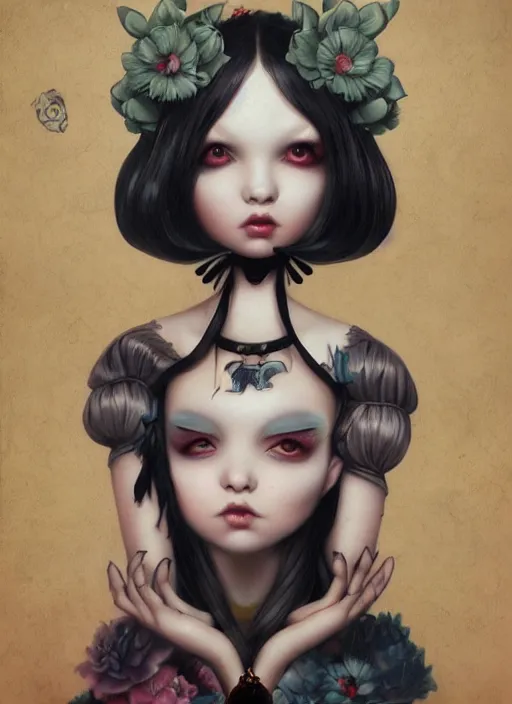 Image similar to pop surrealism, lowbrow art, realistic cute alice girl painting, japanese street fashion, hyper realism, muted colours, rococo, natalie shau, lori earley, tom bagshaw, mark ryden, trevor brown style,