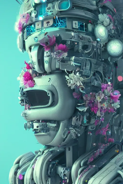 Prompt: a robot with flowers on his head, cyberpunk art by Mike Winkelmann, by Filip Honda, trending on cgsociety, panfuturism, made of flowers, glitch art, rendered in cinema4d