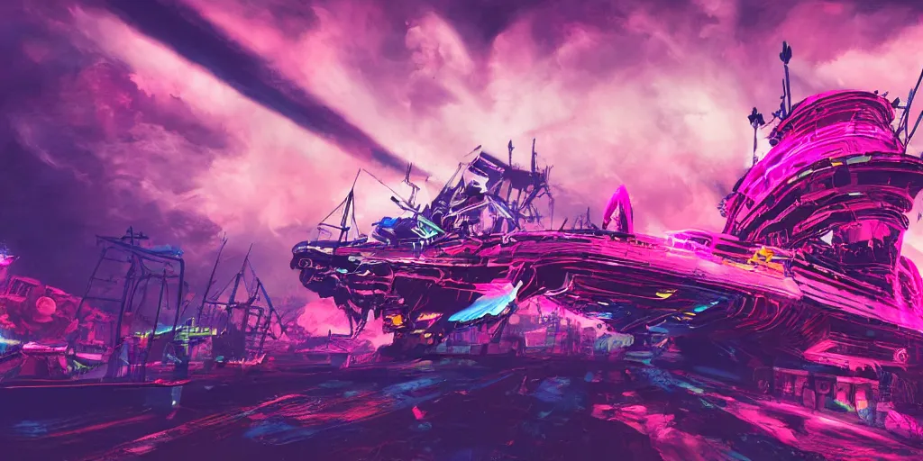 Prompt: space, pirate neon ship with punks on board, mohawks, neon, oil painting, pink, rich deep colors masterpiece, ultra detailed, contrast, heaven pink, lots of roman arches, punk rock with mohawks, clouds, sky, volumetric light, atmospheric lighting, dramatic, cinematic, moody, octane render 4 k, 8 k