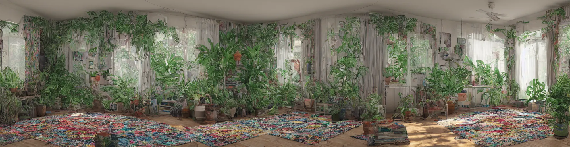 Image similar to 1 9 6 9 living in an older house, hippie pad, hippie chic, antiques, tropical houseplants, beaded curtains, posters on the walls, persian rugs, artstation, v - ray render, 8 k