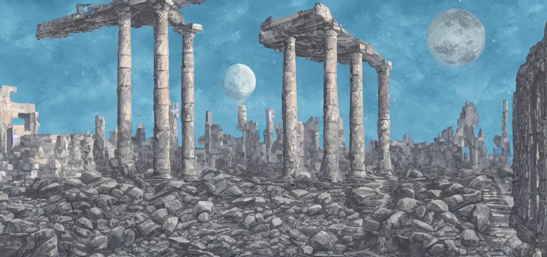 Image similar to The ruins of the Silver Millennium on the moon from Sailor Moon, digital painting, large Earth in the distance, Greek-esque columns and ruins