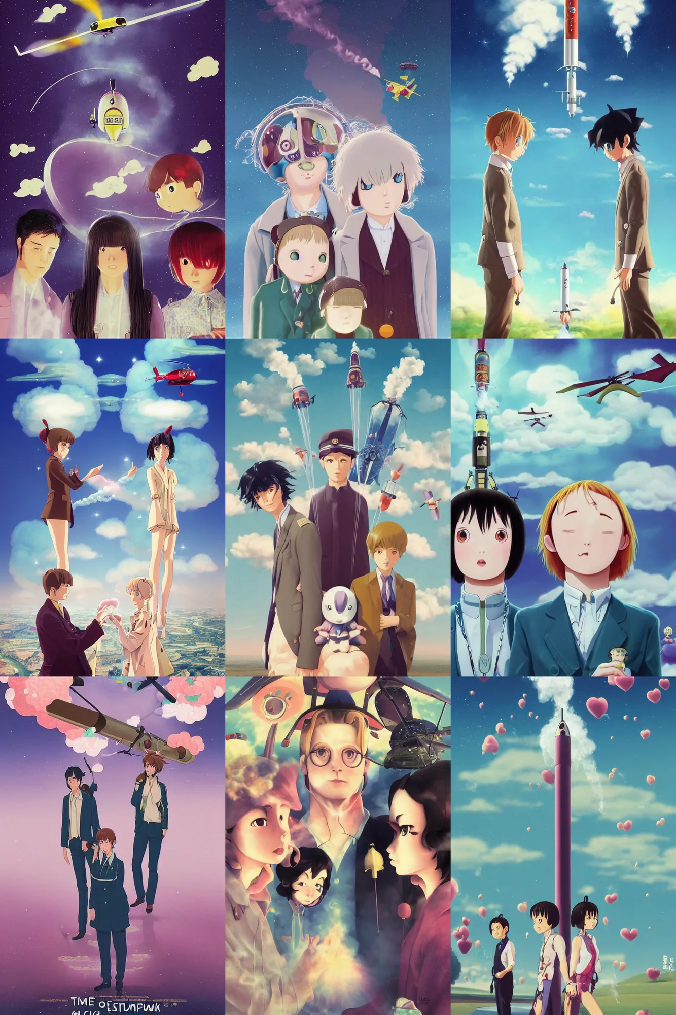 Prompt: time at a helicopter rocket launch with plums of steam and smoke solving epic mysteries, Klaus Movie Twins poster, artwork by Chiho Aoshima, a Rendering illustration of a cinematic beautiful closeup moment of three friends standing facing toward their love, full of details, full view, Matte painting, trending on artstation, Mamoru hosoda