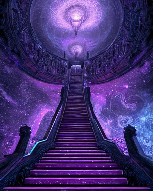 Prompt: staircase to the unfeeling void, starkly beautiful, stunning, cosmic horror, magic doorway, lovecraftian, hyper - realistic, unreal engine, glass, starfield, infinite patterns, universe, mist, bioluminescence, ornate, fractal patterns, intricate, centered, purple and indigo