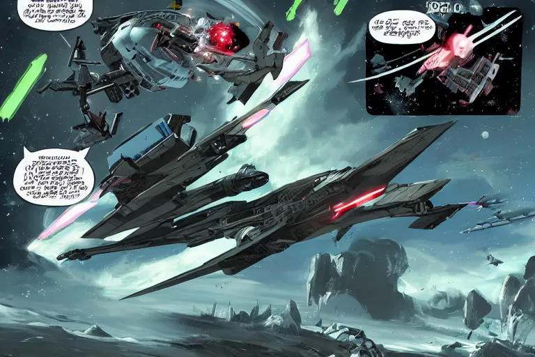 Image similar to A daemonette attacking a space fighter. Beautiful comic art.