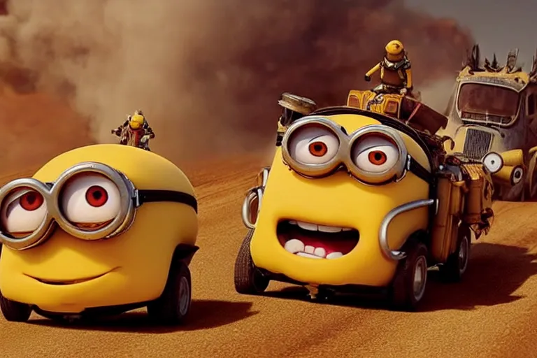 Prompt: a Minions vs Mario, yellow and red, mechabot, in the Movie Mad Max: Fury Road 2015, epic sandstorm battle, action