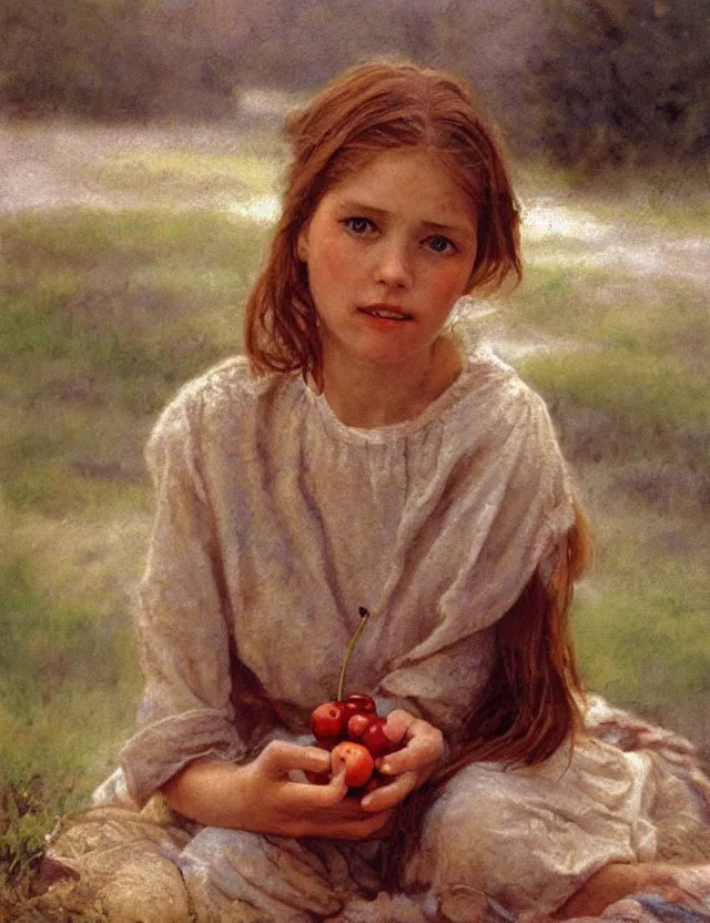 Image similar to peasant girl eating cherry, portrait, cottage core, cinematic focus, polaroid photo bleached vintage pastel colors high - key lighting, soft lights, foggy, by steve hanks, by lisa yuskavage, by serov valentin, by tarkovsky, 8 k render, detailed, oil on canvas