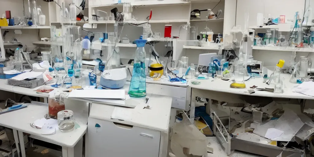 Prompt: The aftermath of a failed chemistry experiment, damaged lab equipment, property damage
