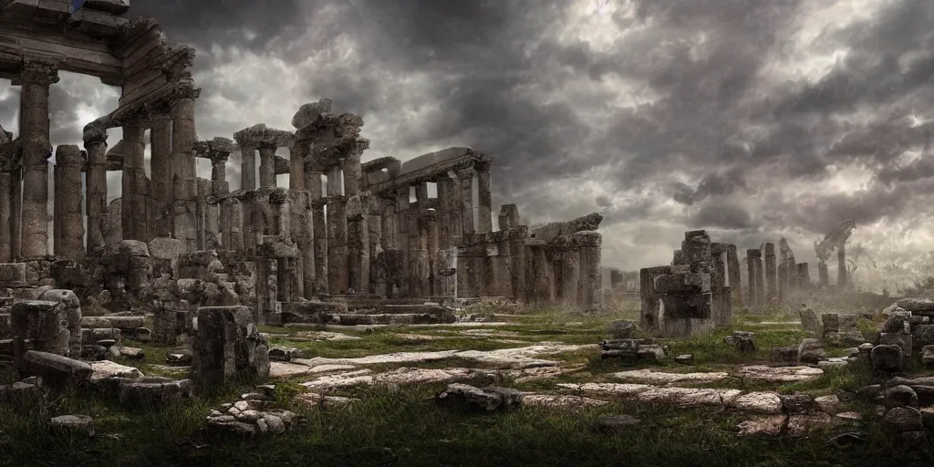 Image similar to ancient ruins, fantasy apocalypse, dystopian, digital art, 4 k