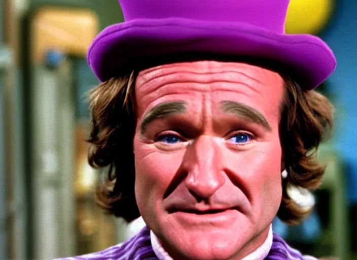 Image similar to film still of Robin Williams as Willy Wonka in Willy Wonka and the Chocolate Factory 1971