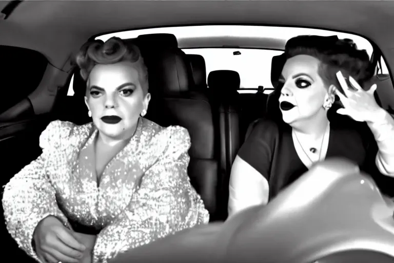 Image similar to lady gaga and judy garland doing carpool karaoke, lady gaga and judy garland, carpool karaoke, lady gaga, judy garland, carpool karaoke, youtube video screenshot, the late late show with james corden, higly realistic, high resolution, dashcam