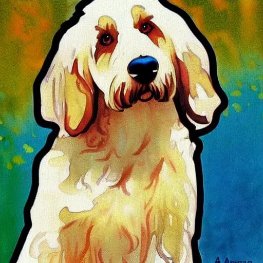 Image similar to cute, pop art style blonde bernedoodle, watercolor painting, by alphonse mucha and william morris