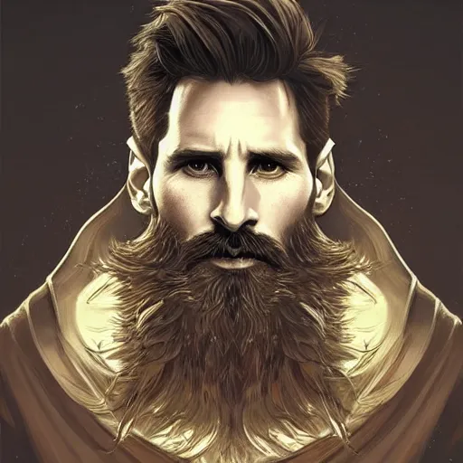 Image similar to Messi with a majestic beard, closeup, D&D, fantasy, intricate, elegant, highly detailed, digital painting, artstation, concept art, matte, sharp focus, illustration, art by Artgerm and Greg Rutkowski and Alphonse Mucha