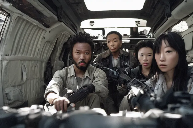 Image similar to movie diverse interracial team of Japanese robbers armed with rifles interior clean futuristic tactical van, beautiful skin, Symmetrical faces. natural lighting by Emmanuel Lubezki