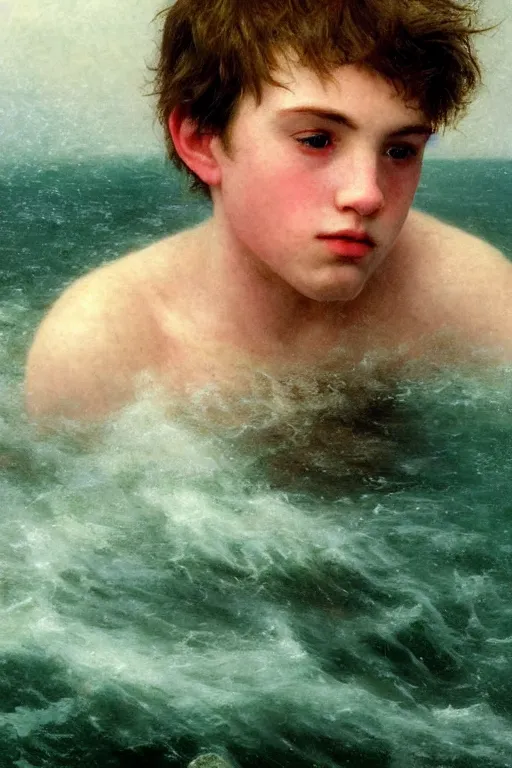 Prompt: super close up portrait of a young irish adolescent man with flushed skin and red speedo swimming in the freezing cold sea at dawn, soft light, eerie serene photograph by annie leibowitz, 2 0 1 9, thomas kinkade, bouguereau