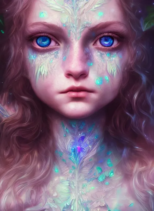 Prompt: portrait of a gorgeous fairy princess of the forest, perfect blue eyes, detailed iridescent fractal pattern skin, 8k render, ultra realistic, cinematic lighting, artstation, artgerm, Seb McKinnon