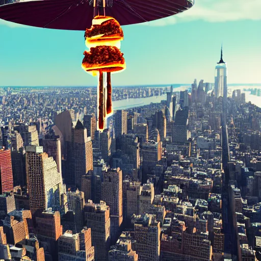 Prompt: A giant kebab falling from the sky over new york city, ultrawide lens, aerial view, 10 mm, by Terry Richardson, behance, unreal engine 5