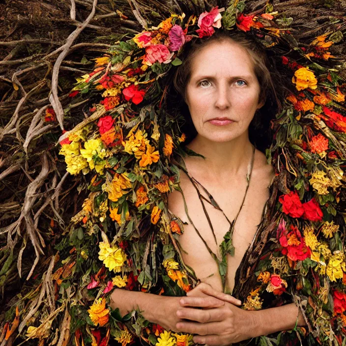 Prompt: closeup portrait of a woman wearing a cloak made of flowers and gold, standing in a burnt forest, by Annie Leibovitz and Steve McCurry, natural light, detailed face, CANON Eos C300, ƒ1.8, 35mm, 8K, medium-format print