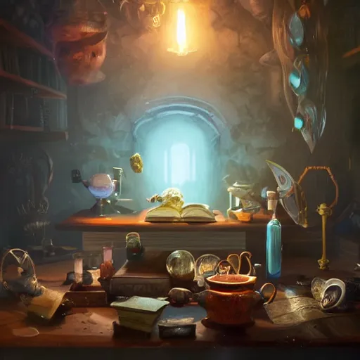 Image similar to hyper realistic, table, wizards laboratory, lisa parker, tony sart, mortar, pestle, scales with magic powder, energy flowing, magic book, beakers of colored liquid, greg rutkowski