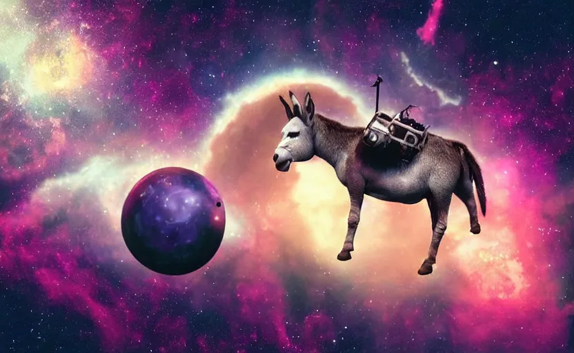 Image similar to “a donkey floating in space playing the bongos, surrounded by planets , nebula , realistic, 4K, sci fi, futuristic vaporwave, retro, volumetric lighting, depth of field, ”