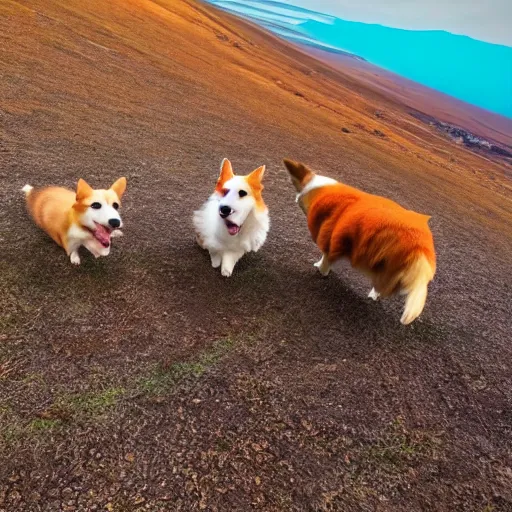 Prompt: Corgis in no man's sky, Vibrant colors on colorful planet