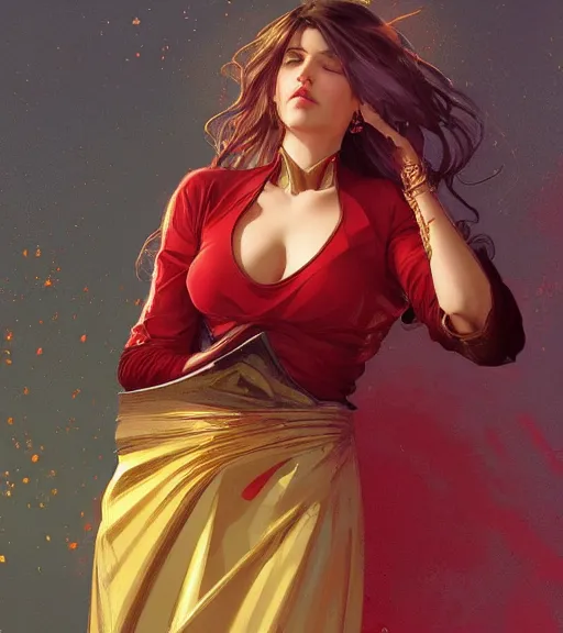 Prompt: a woman wearing a golden skirt and a red shirt, highly detailed, digital painting, artstation, concept art, smooth, sharp focus, illustration, art by artgerm and greg rutkowski and alphonse mucha, beautiful composition