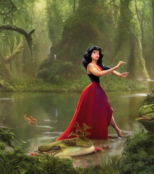 Prompt: film still of Salma Hayek as snow white in a forest by a pond with frogs, by artgerm, makoto sinkai, magali villeneuve, Gil Elvgren, Earl Moran,Enoch Bolles, symmetrical,