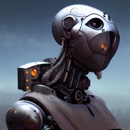 Image similar to a expressive portrait of masked diesel punk robot in dramatic lighting, depth of field background, artstation, award - winning realistic sci - fi concept art by jim burns and greg rutkowski, beksinski, a realism masterpiece, expressive color palette, james gilleard, bruegel, alphonse mucha, and yoshitaka amano