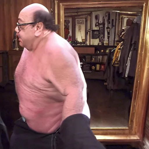 Image similar to pov encounter with danny devito in the backrooms, realistic, liminal space, unnerving