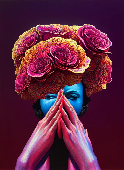 Image similar to hyper detailed 3d render like a Oil painting - James Brown aerochrome and milky Fruit and Her delicate Hands hold of diamond faceted roses, iridescent paisley patterns by Jacek Yerka, Ilya Kuvshinov, Mariusz Lewandowski, Houdini algorithmic generative render, Abstract brush strokes, Masterpiece, Edward Hopper and James Gilleard, Zdzislaw Beksinski, Mark Ryden, Wolfgang Lettl, hints of Yayoi Kasuma, octane render, 8k