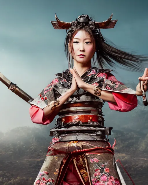 Image similar to full body portrait fashion editorial of beauty charming woman as a warrior godly princess in feudal japan making a sacrifice at the top of the Asian temple, clear makeup, clean hair, dry skin, clear skin, airbrushed, bright eye makeup, femine warrior body, photo by mario testino, 8k octane render, cinematic, hyper detailed, micro details, insanely detailed, trending on artstation, concept art, Peter Paul Rubens and Peter Mohrbacher style