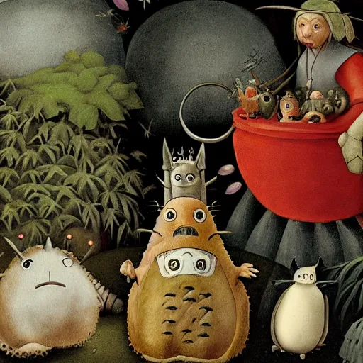 Prompt: detail from garden of earthly delights by studio ghibli. digital painting. totoro. digital render. hieronymus bosch