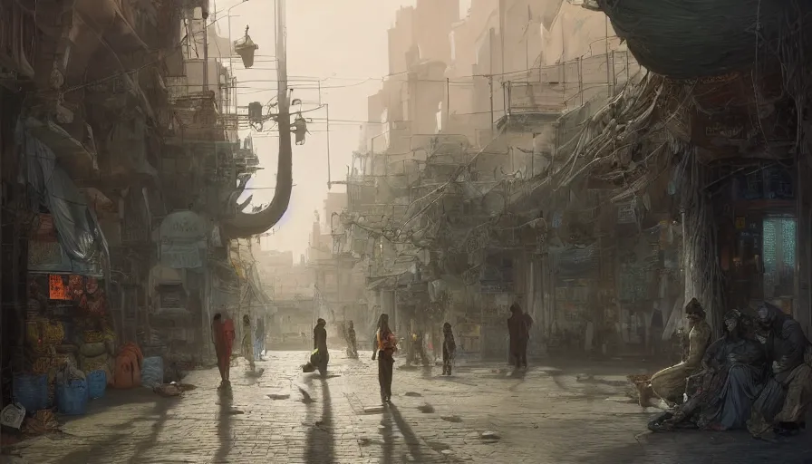 Prompt: jeddah city street, roshan, shops, a bright pharmacy, a nomad wearing a worn out coat, plants, old tree, kids, dramatic lighting fantasy, sci fi, by caspar david friedrich by james gilleard and justin gerard, centered, artstation, smooth, sharp focus, photoreal octane render, by jean baptiste monge, gustave dore, deviantart