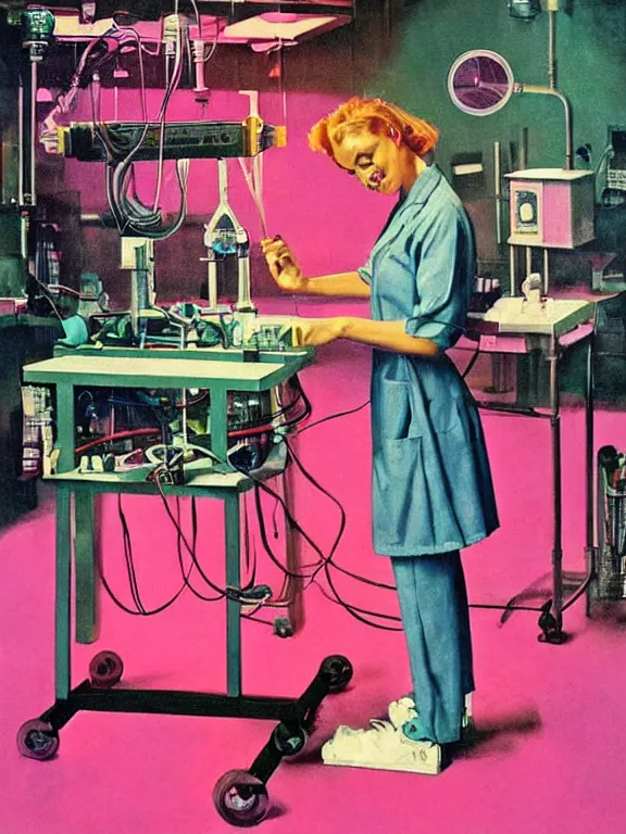 Prompt: a female mad scientist in a lab coat building a robot!!! man!!!, in a darkly lit laboratory room, 1 9 5 0 s horror film movie poster style, ( norman rockwell oil painting ), retro vintage, saturated pink and green lighting, shadowy lighting