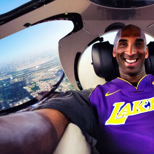 Image similar to selfie of kobe bryant in a helicopter, smoke around him, 8k resolution, amazing detail, shot in the air