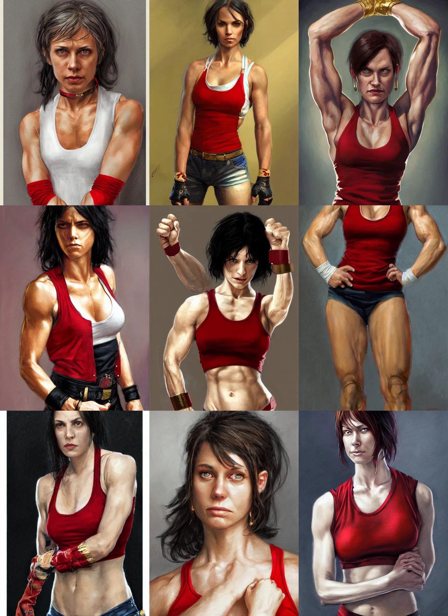 Prompt: a portrait a woman in her 2 0 s, attractive, muscular, wearing red tanktop vest with gold lining, smirking, white bandages on fists, black hair, short - medium length hair, serious, style by donato giancola, wayne reynolds, jeff easley dramatic light, high detail, cinematic lighting, artstation, dungeons and dragons