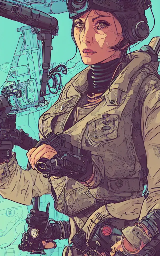 Image similar to very detailed, prophet graphic novel, ilya kuvshinov, mcbess, rutkowski, simon roy, illustration of a cyberpunk military woman, colorful, cinematic composition, studio lighting