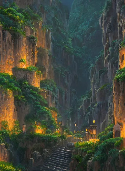 Image similar to medieval city built on terraces in a gigantic canyon, lots of buildings connected by hanging bridges, waterfalls, glow coming from amber veins in the ground, lush vegetation, pitchblack sky, extremly detailed digital painting, in the style makoto shinkai and atey ghailan, rim light, beautiful lighting, 8 k, stunning scene, raytracing, octane, trending on artstation