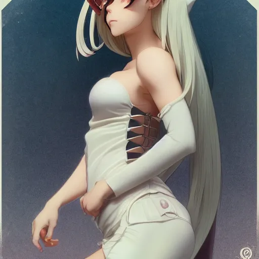 Image similar to a beautiful anime girl ( kate beckinsale ) with cat ears and tail, white hair, full body, matte painting, by greg rutkowski and ilya kuvshinov and alphonse maria mucha and matsumoto taiyou, super clear details, hyper realistic, trending on artstation, 8 k