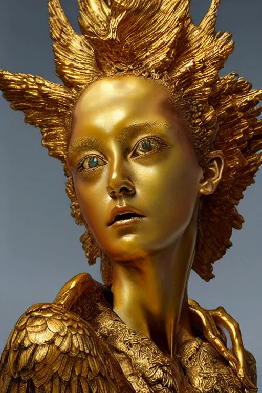 Image similar to realistic detailed statue the holy sacred mechanic angel with ethereal golden wings, made by Karol Bak, Mark Brooks and Bernini. Rich colors. Beksinski and Gerhard Richter painting. Masterpiece