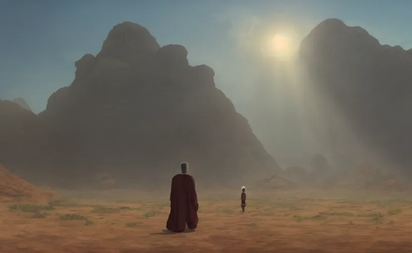 Prompt: a movie still from a studio ghibli movie showing a highly detailed landscape with a giant living buddha walking a valley in the desert. misty, depth perception, 4 k