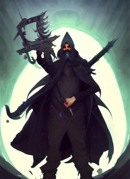 Image similar to full body picture of an legendary weapon master, holding a ego weapons to the camera, long black jacket, neat white beard, bored, smoking, messy ground by so many ego weapons, smoking, intricate, masterpiece, epic fantasy illustrations by peter mohrbacher and anato finnstark and jeremy lipking