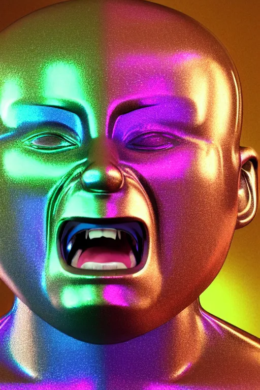 Image similar to 3d render of holographic angry human robotic screaming angry bust made of glossy iridescent, screaming, bust, surrealistic 3d illustration of a human non-binary, non binary model, 3d model human, cryengine, made of holographic texture, holographic material, holographic rainbow, concept of cyborg and artificial intelligence