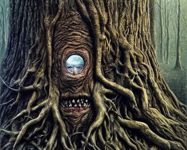 Prompt: a talking oak tree, a face in the bark, eyes in the bark, mouth in the bark, horror concept art, sharp teeth, digital painting, oil painting, hyperrealistic, treebeard, ent, undead, monster, highly detailed, moonlight, very detailed eyes, in the forest, by alan lee, by artgerm