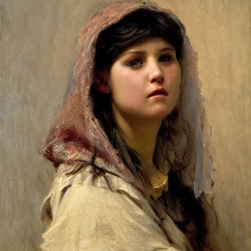 Image similar to portrait of a girl covered in scars wearing a black hood, extremely detailed painting by gaston bussiere and j. c. leyendecker 8 k