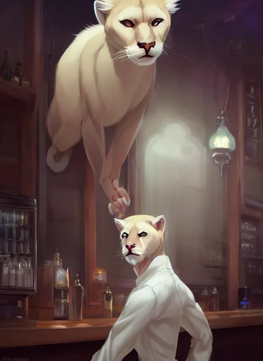 Prompt: beautiful portrait commission of a male furry anthro albino mountain lion wearing a white dress shirt in an old-timey Saloon. Atmospheric. Character design by charlie bowater, ross tran, artgerm, and makoto shinkai, detailed, inked, western comic book art