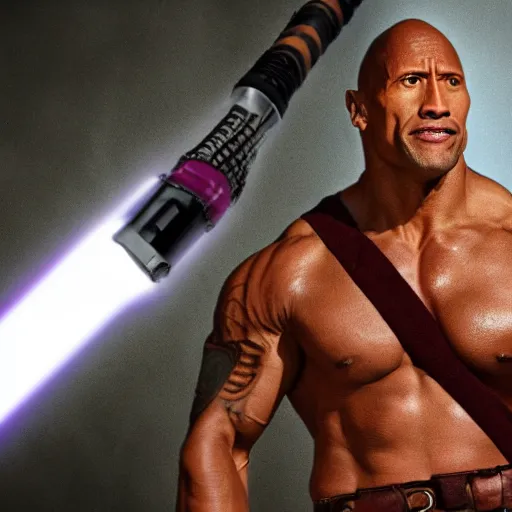 Image similar to dwayne johnson with a purple lightsaber in brown robes