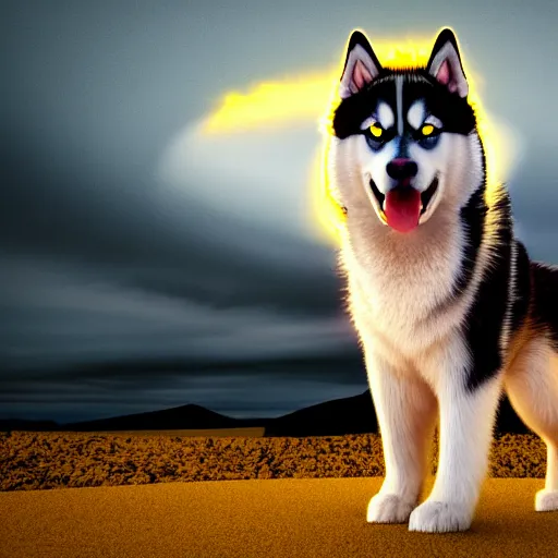 Prompt: a husky has yellow fur and a yellow tongue. the whole husky is visible in frame. polar background, ominous sky, fireball meteorite in the sky. octane render, extreme detail, super symmetrical photograph, 4 k