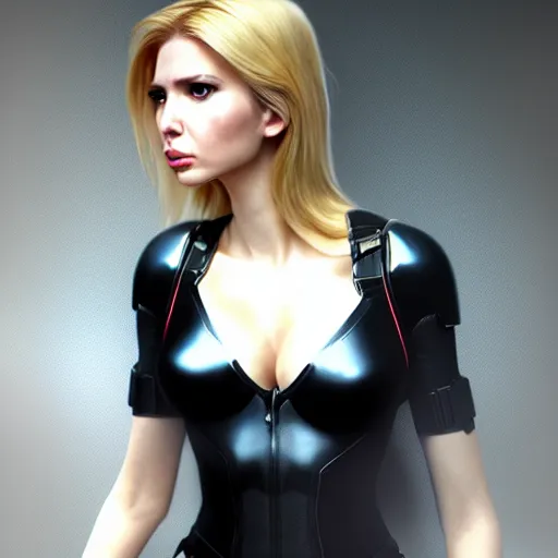 Image similar to Ivanka Trump as black widow, au naturel, hyper detailed, digital art, trending in artstation, cinematic lighting, studio quality, smooth render, unreal engine 5 rendered, octane rendered, art style by klimt and nixeu and ian sprigger and wlop and krenz cushart