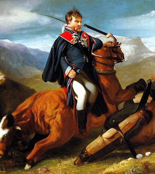 Image similar to gordon ramsay riding a long horn ram in the scottish mountains in the style of napoleon crossing the alps painting by paul delaroche, masterpiece, tartan cape